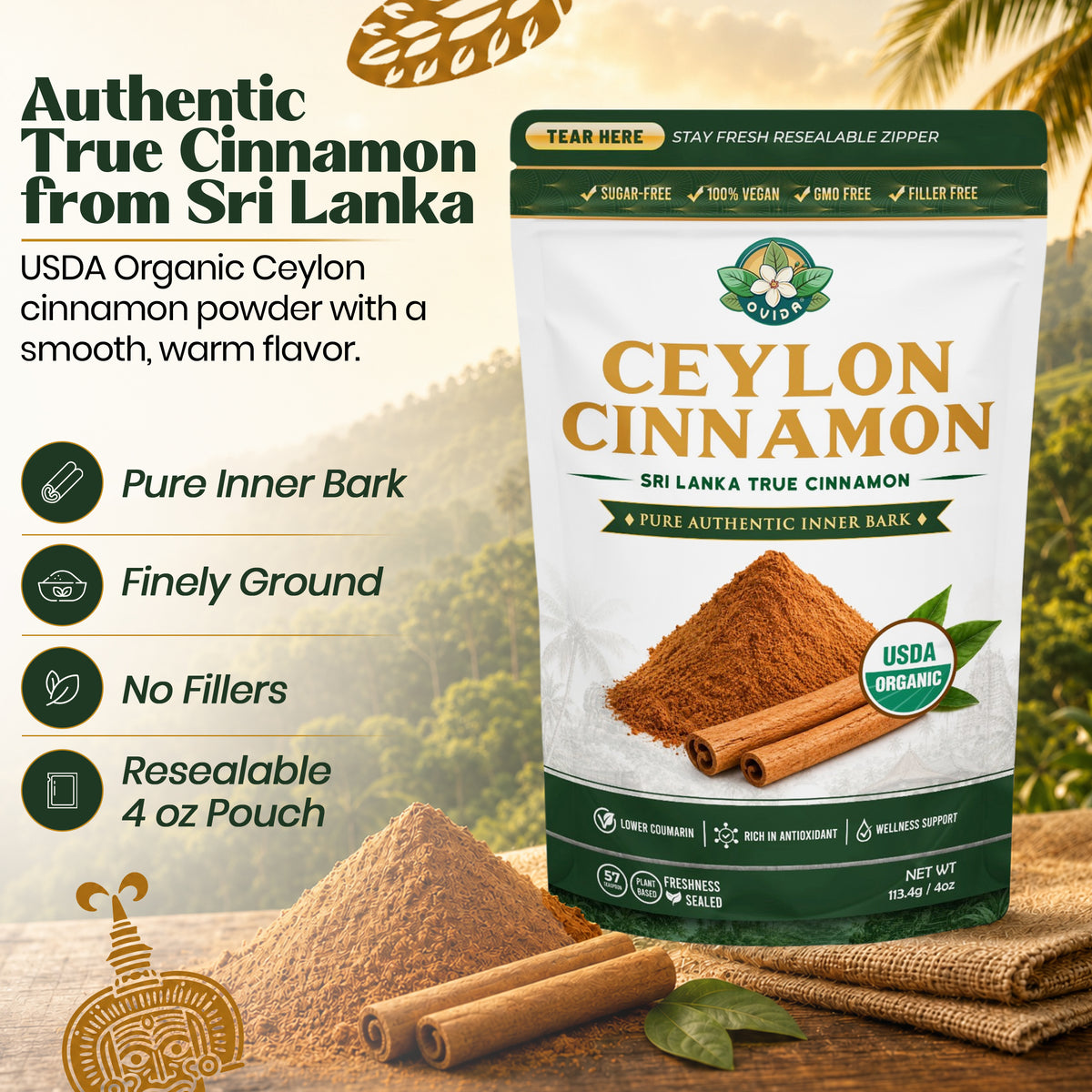True Ceylon Cinnamon Powder from Sri Lanka 4 oz, Pure USDA Organic