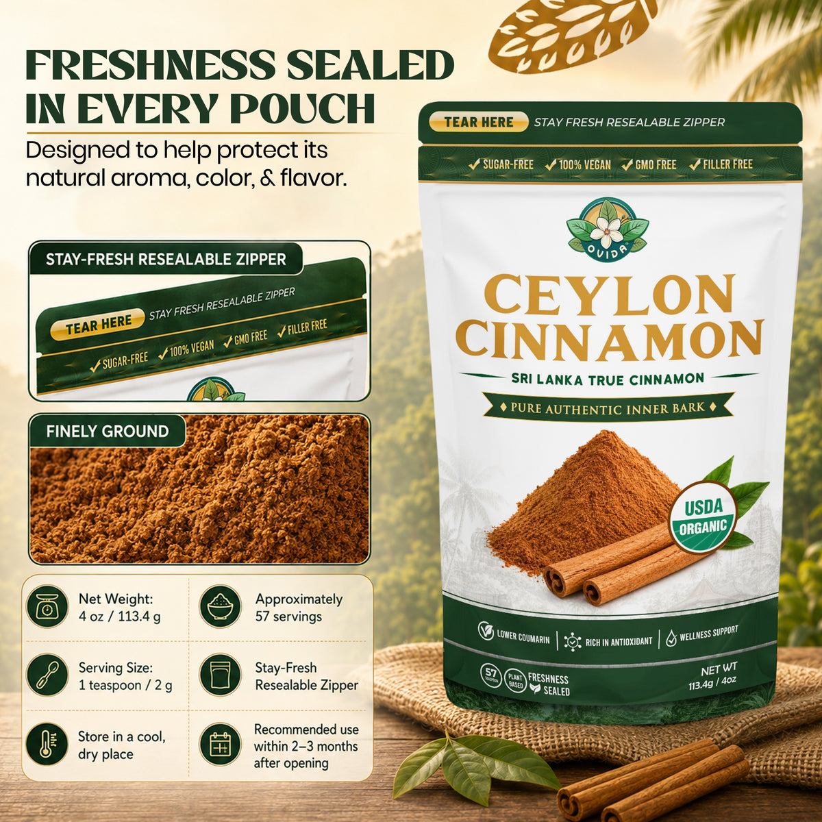 True Ceylon Cinnamon Powder from Sri Lanka 4 oz, Pure USDA Organic